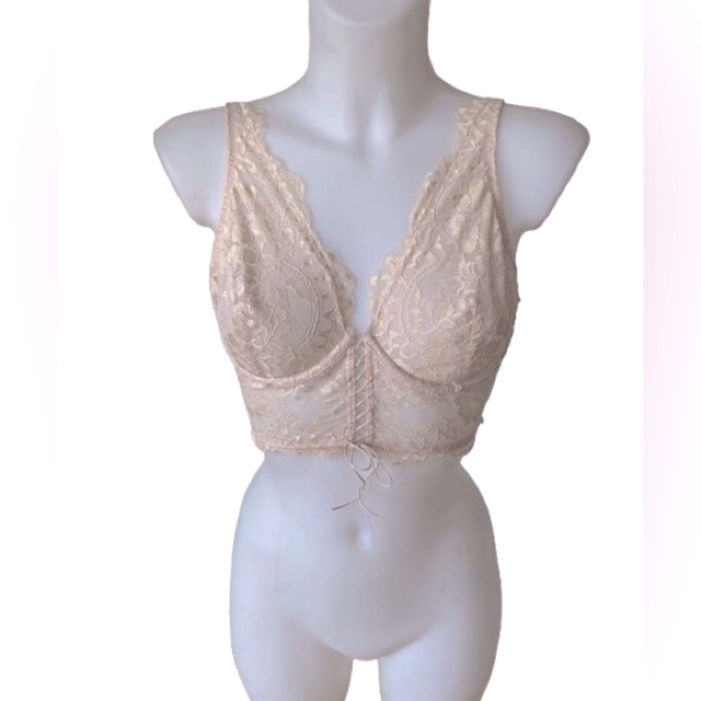 La Senza Cream Lacy Laced Up Middle Underwire No Padding Bralette Bra Medium